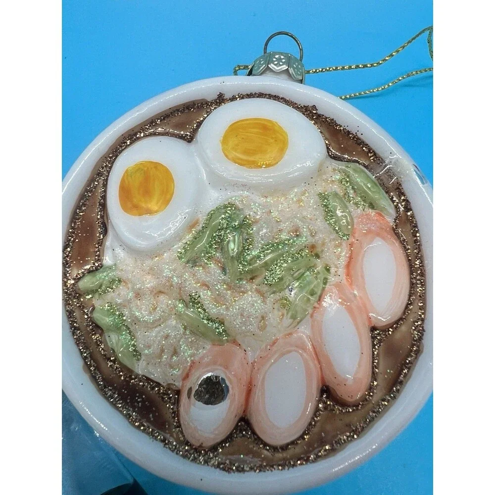 3 Japanese Christmas Ornaments Noodles, Soy Sauce, Take Out Food Glass